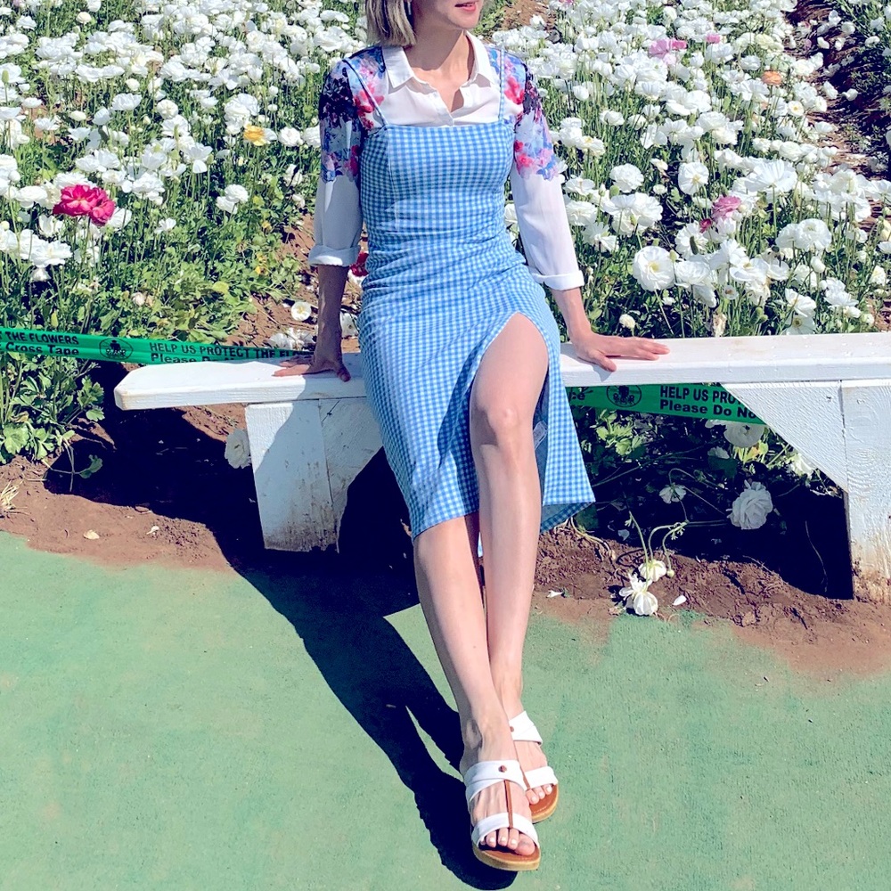 Light blue checked side slit midi dress from Zara size S.